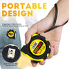 A hand holds a yellow and black portable nylon lanyard measuring tape with a stainless steel hanging buckle.