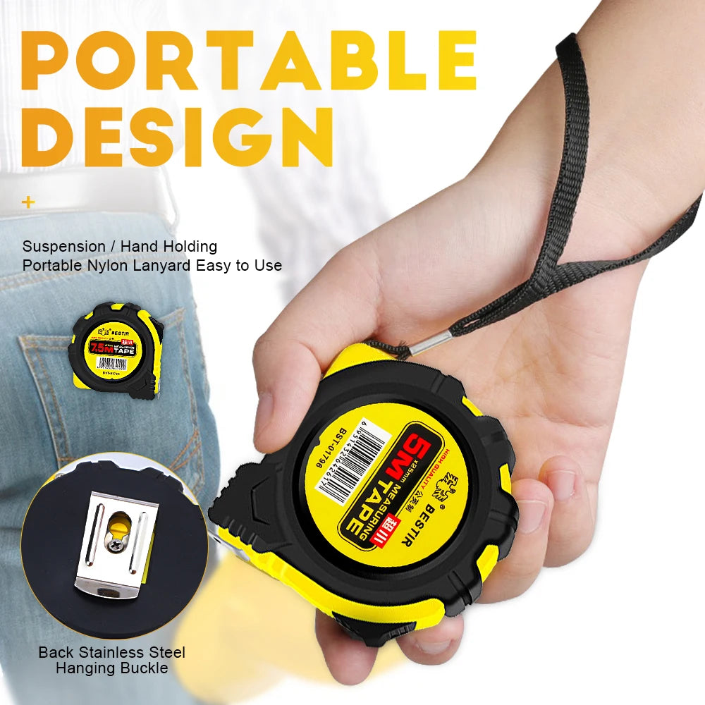 A hand holds a yellow and black portable nylon lanyard measuring tape with a stainless steel hanging buckle.