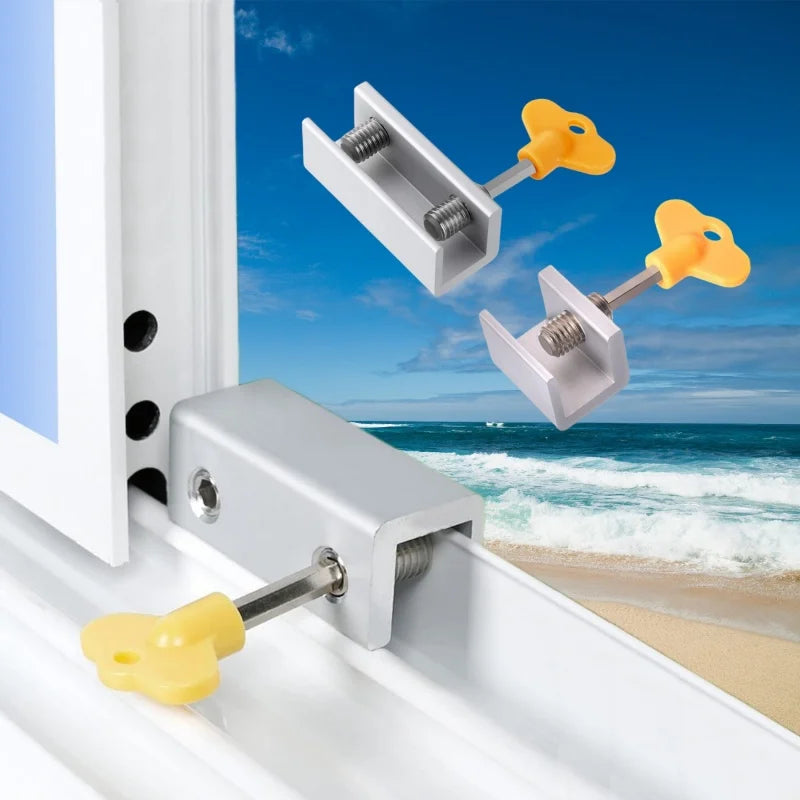 A silver sliding window sash lock stopper with a yellow plastic handle is shown installed in a white window frame.