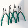 A set of green precision carbon steel circlip pliers displayed against a white background.