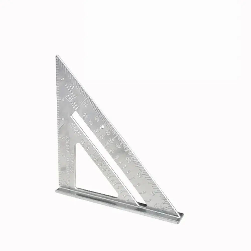 A silver aluminum triangle ruler used for construction measurements.