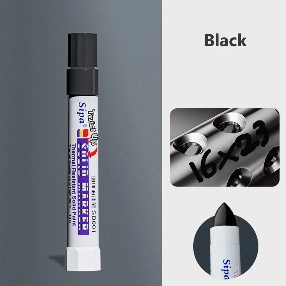 A black solid paint marker pen is shown vertically against a gray background with an inset showing the tip and packaging.