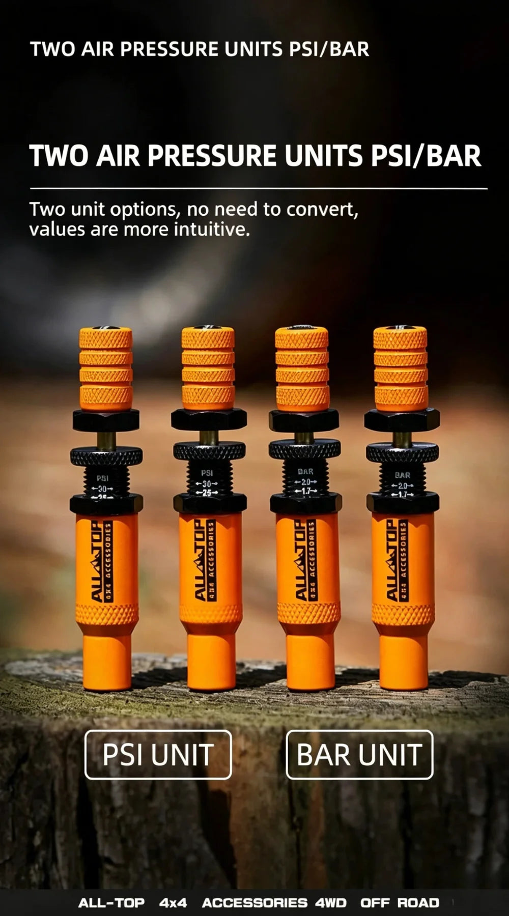 Cuatro unidades All-Top de presión de aire en naranja y negro para mediciones PSI y BAR.