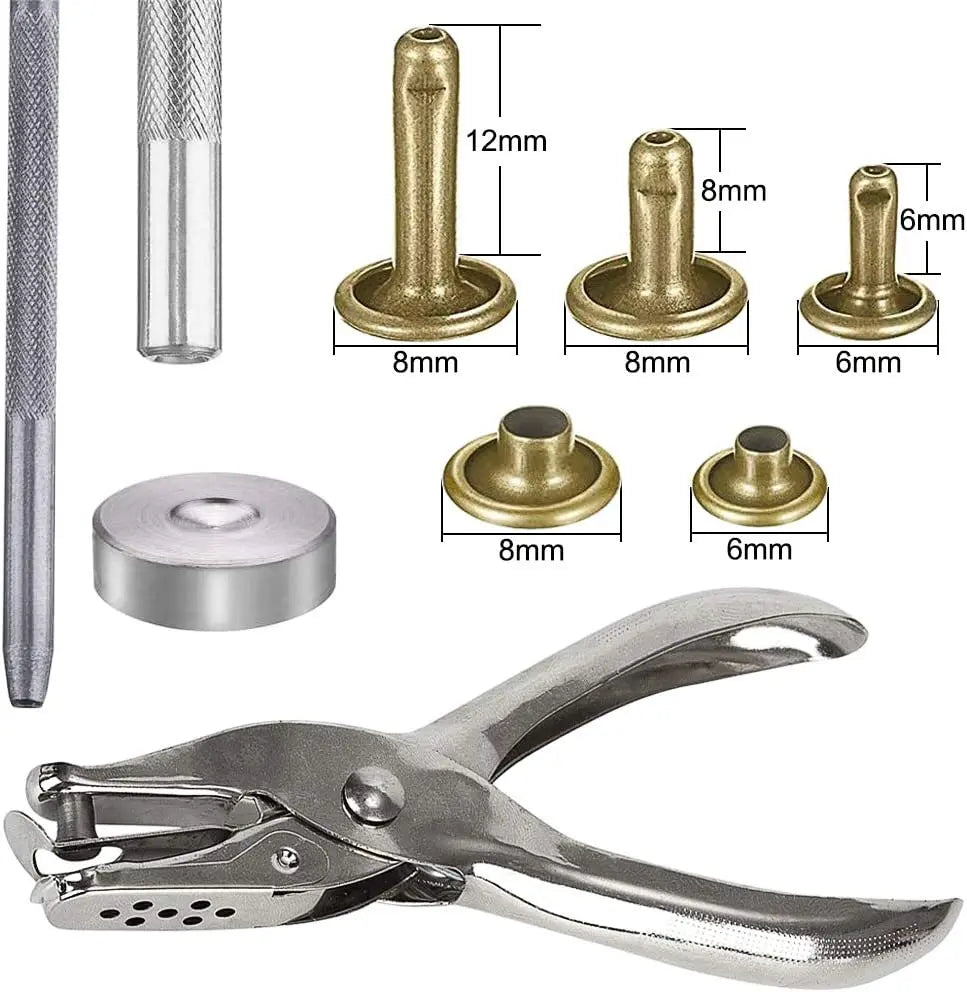 A set of precision metal rivets, including various sizes and a specialized tool for leather and fabric repair.