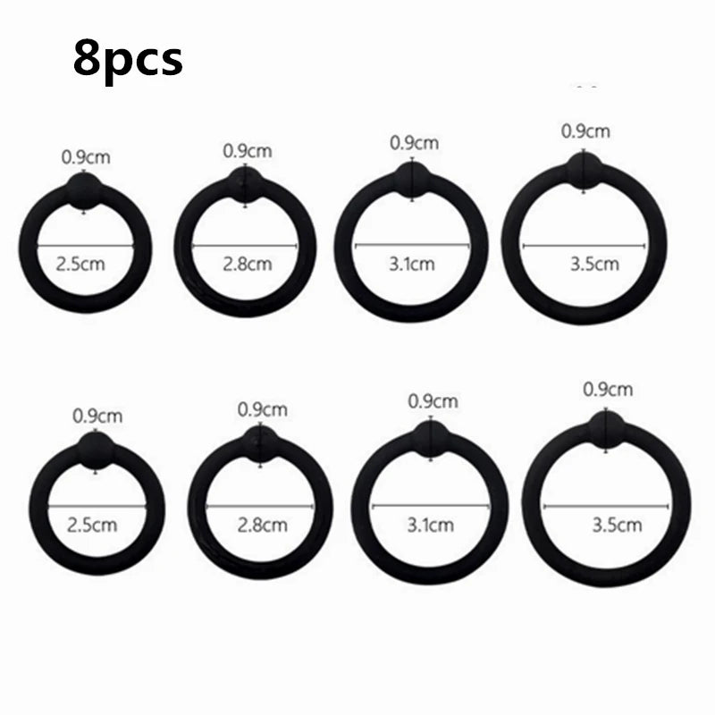 Eight silicone rings of varying diameters, ranging from 0.9cm to 3.5cm.