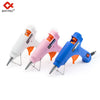 Three colored hot melt glue guns in white, pink, and blue with 7mm sticks