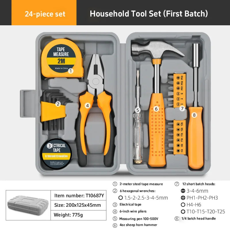 A 24-piece household tool set in a gray box showing various tools like pliers, hammer, and measuring tools.
