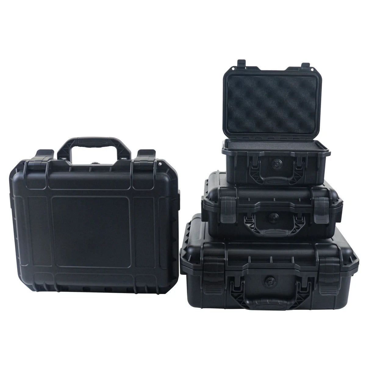 Black waterproof hard carry case with an open lid and stacked storage compartments for tools and sponges