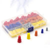 A clear plastic storage box filled with various colored insulated wire connector nuts for electrical wiring.