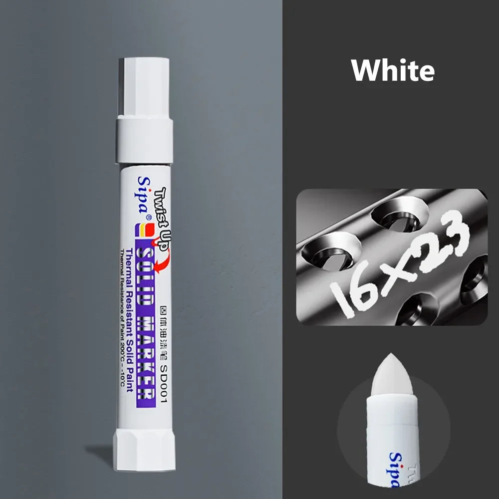 A white Solid Paint Marker pen is shown vertically against a gray background with a close-up of the tip and packaging details