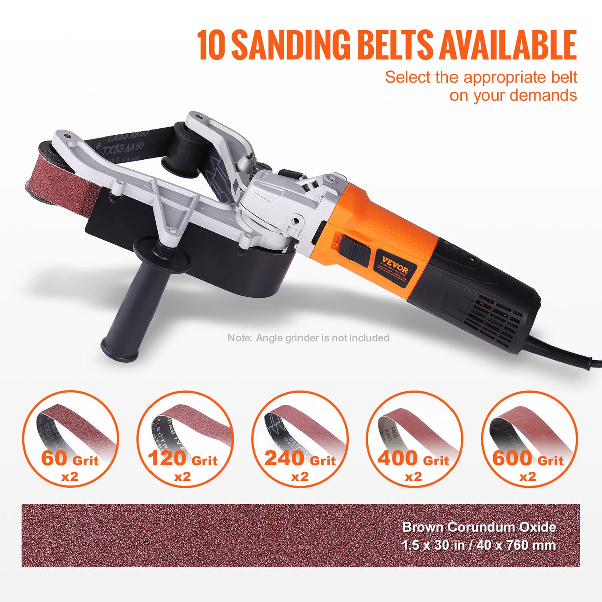 An orange and black sanding belt adapter kit for angle grinders with various grit belts available