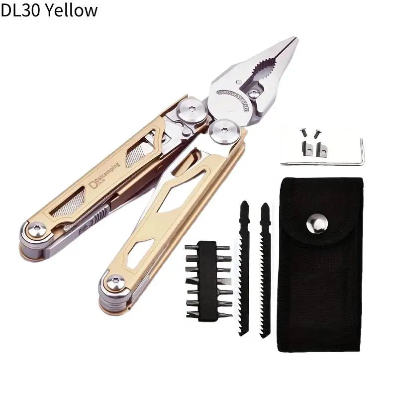 Juego plegable de herramientas y pinzas amarillo DL30 con bolsa de almacenamiento negra.