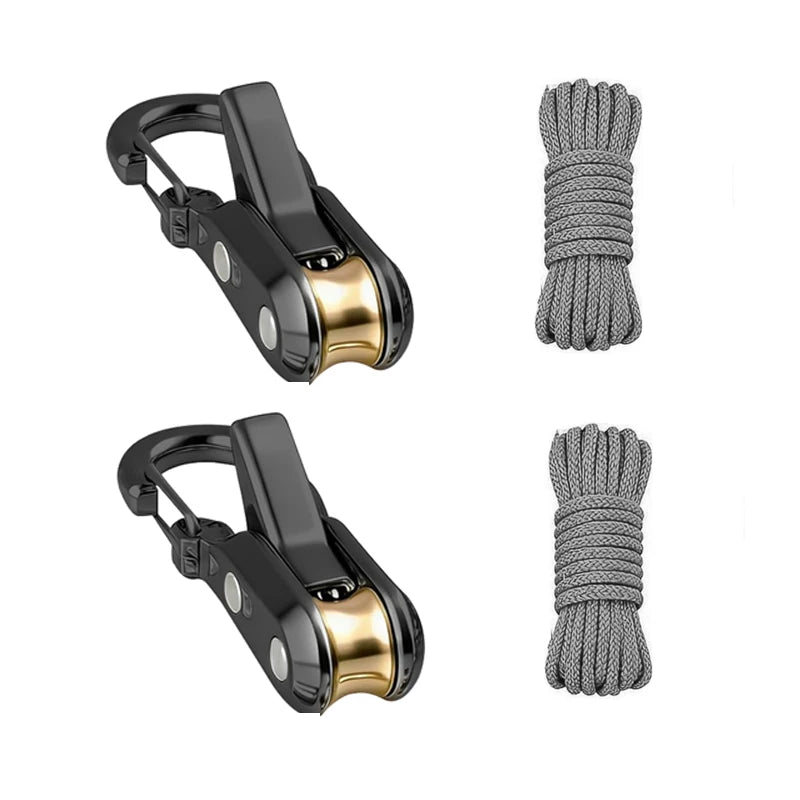 A set of black retractable paracord rope fasteners and tensioners, including a coiled rope.