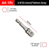 A set of 3/8 inch hex and square socket adapters in grey for power tools.