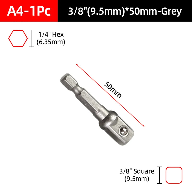 A set of 3/8 inch hex and square socket adapters in grey for power tools.