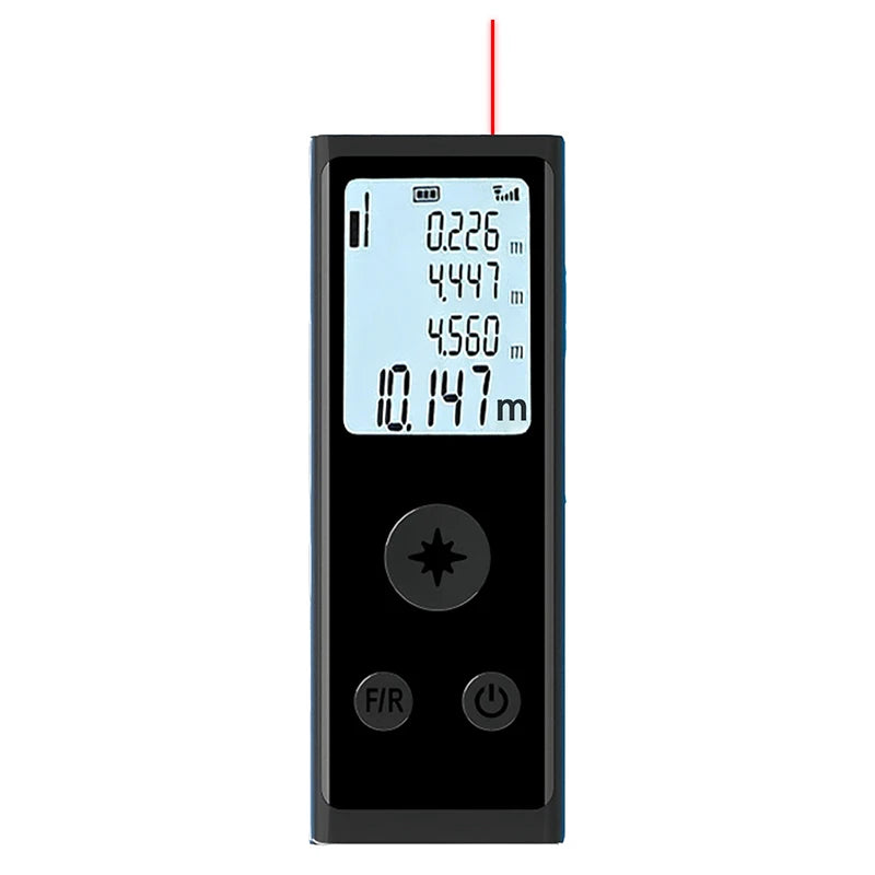 A black precision digital laser distance meter with a red light emitting from the top.