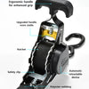 Close-up view of a black heavy duty retractable ratchet strap with an ergonomic handle and safety clip.
