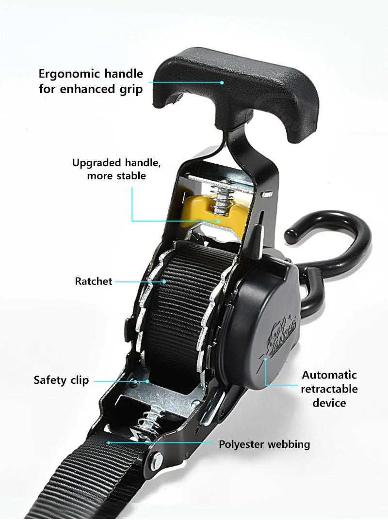 Close-up view of a black heavy duty retractable ratchet strap with an ergonomic handle and safety clip.