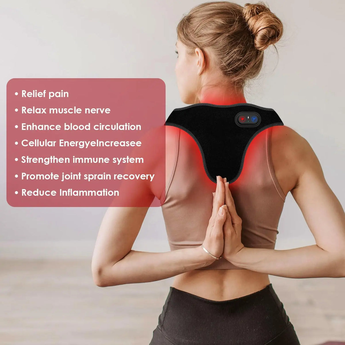A woman is demonstrating an infrared therapy massage belt placed on her neck and shoulder area.