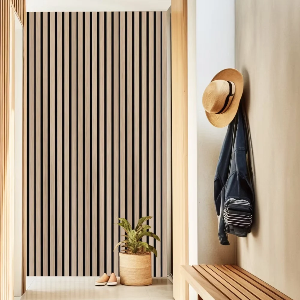 A vertical wooden slat wall design with a light beige wall and a wooden hanger visible in the foreground.