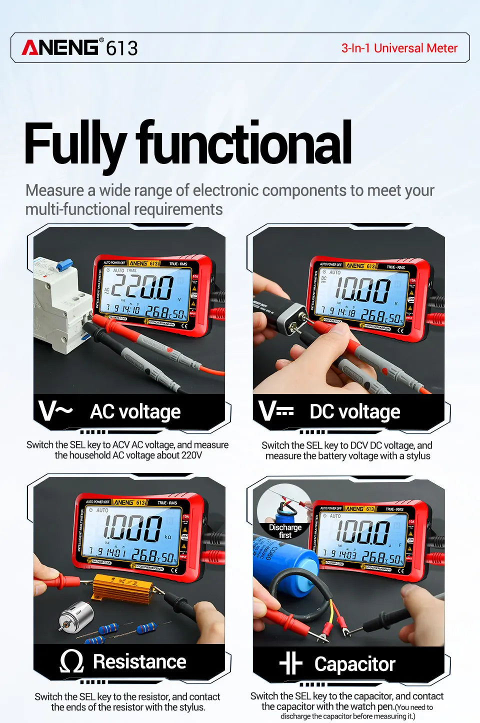 AnENG 613 multimeter demonstrating AC voltage, DC voltage, resistance, and capacitor measurements.