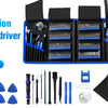 A precision screwdriver set featuring various tools and tips in black, blue, and silver on a dark background.