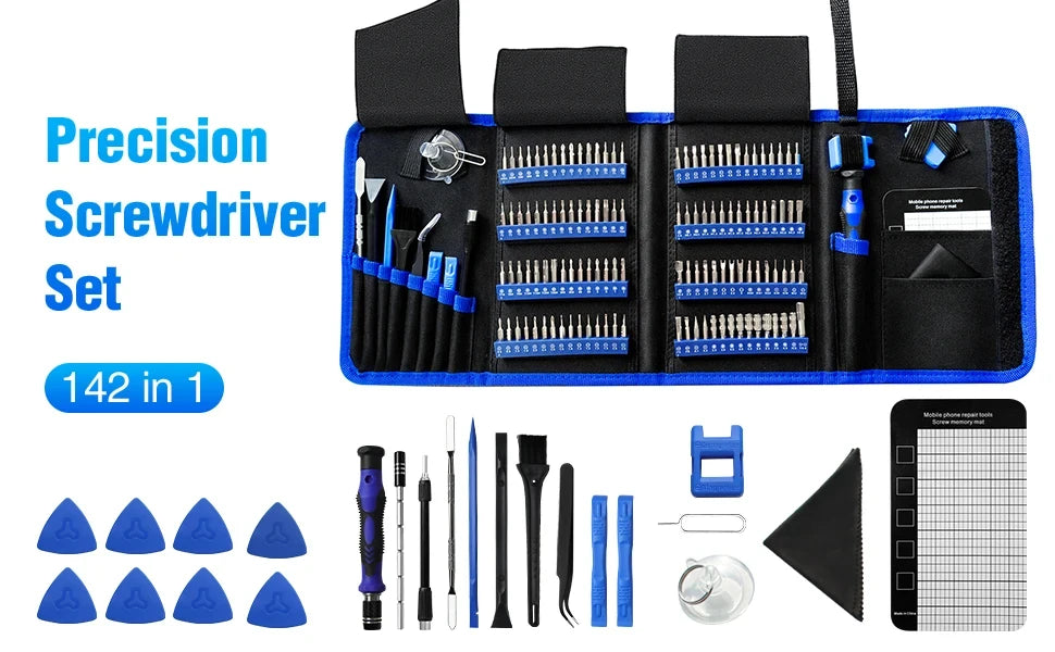 A precision screwdriver set featuring various tools and tips in black, blue, and silver on a dark background.