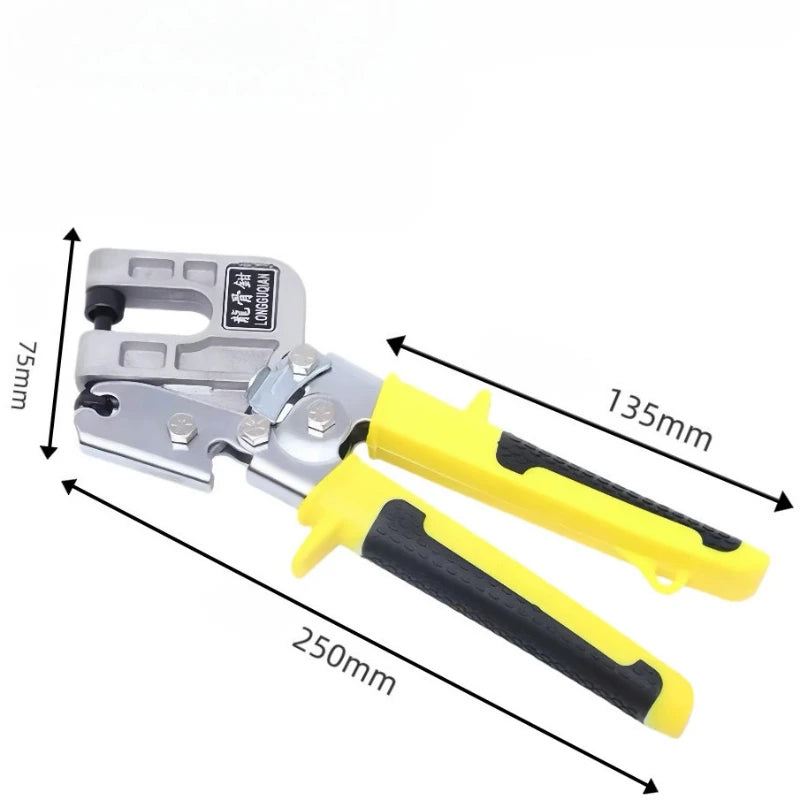 A heavy-duty aluminum stud crimper tool with a silver body and yellow and black handles is shown.
