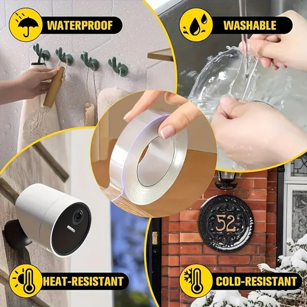 Close-up of heavy-duty transparent double-sided adhesive tape demonstrating waterproof, washable, heat-resistant, and cold-re