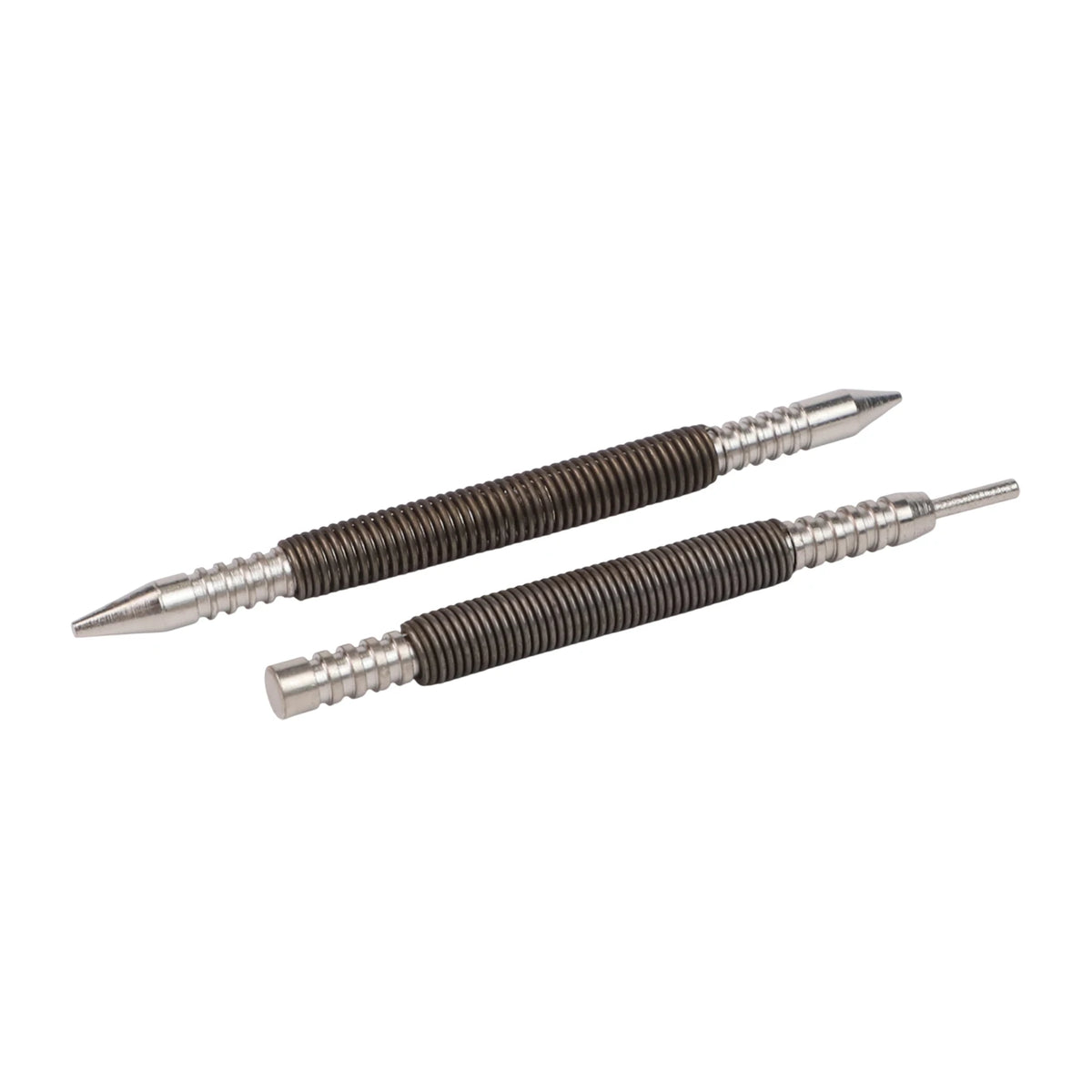 A pair of dual-head spring nails with textured shafts shown against a white background.