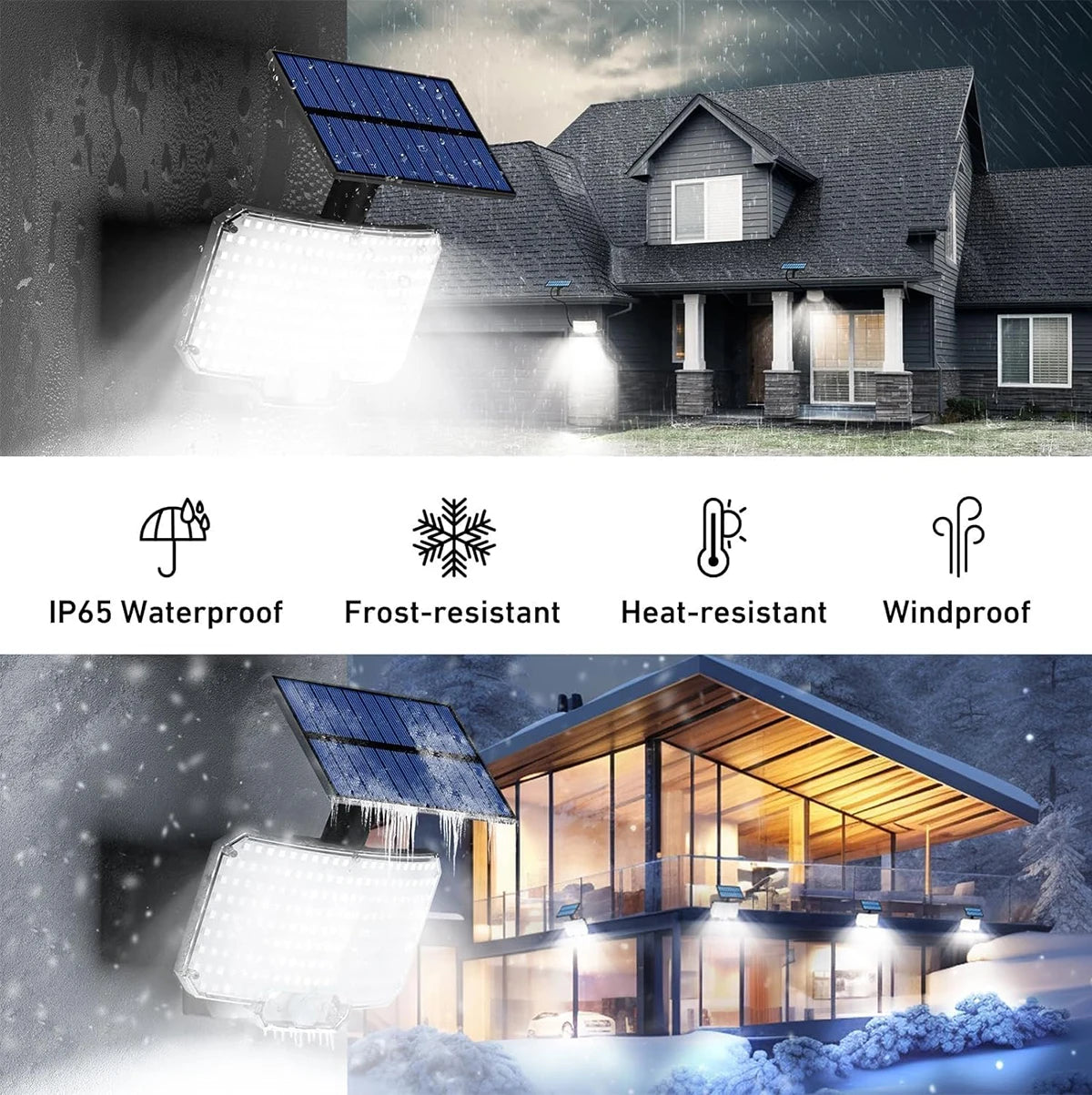 Luz LED de sensor de movimiento solar exterior montada en una casa con paneles solares en un entorno nevado