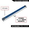 Blue socket organizer set featuring a 1/4 inch rail and 16 clips for storing drive sockets.