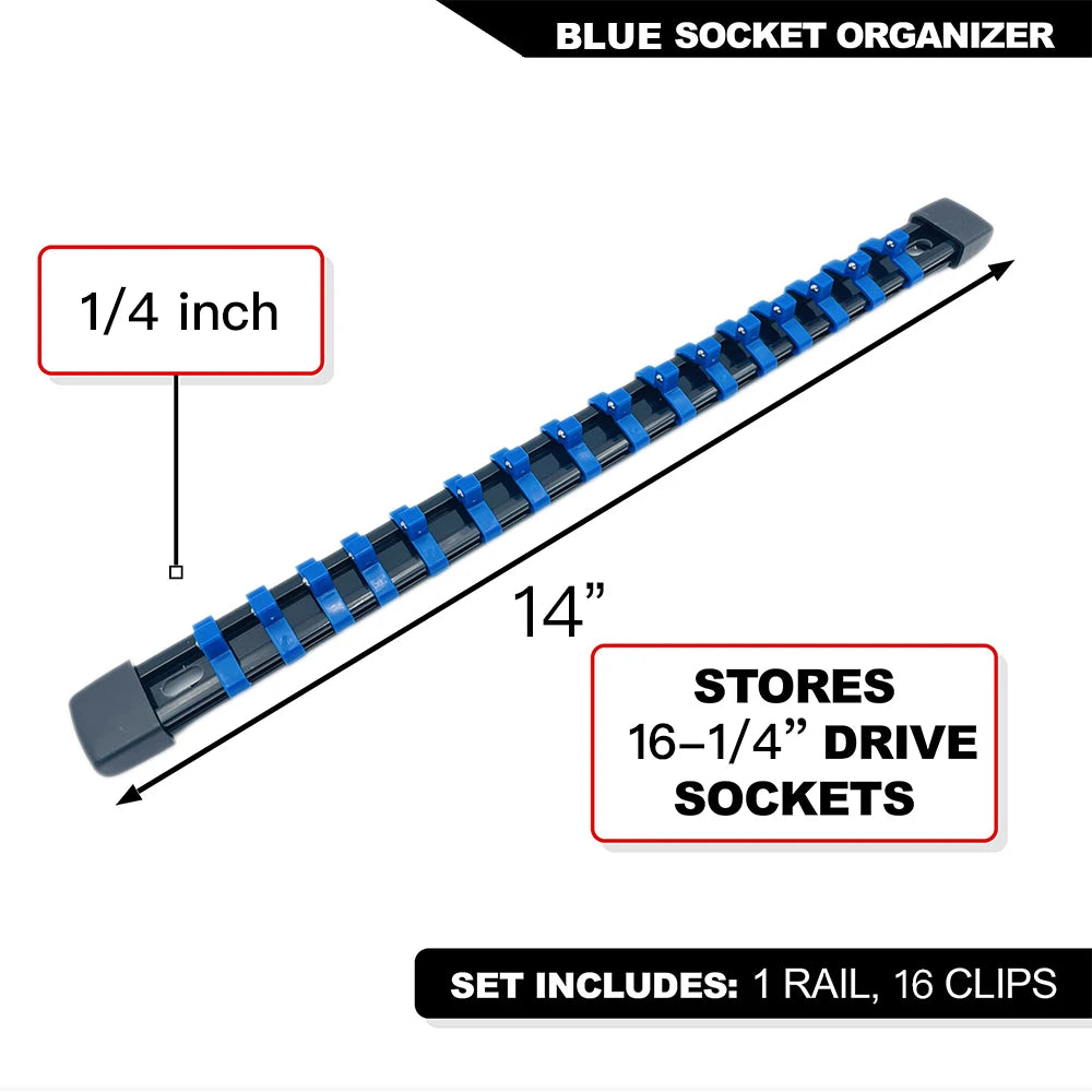 Blue socket organizer set featuring a 1/4 inch rail and 16 clips for storing drive sockets.