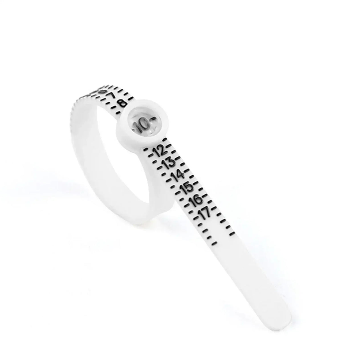 A white reusable ring sizer with a magnifying scale showing numbers 7 through 17.