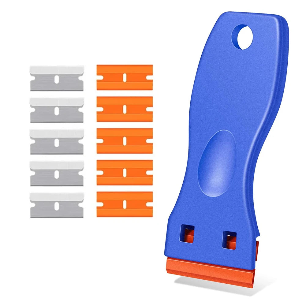 A blue multi-surface plastic razor blade scraper with orange and silver blades shown next to the product.