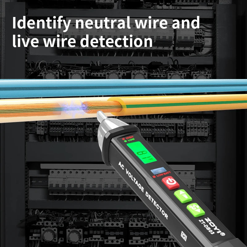 An AC voltage detector pen is shown testing a wire, identifying neutral and live wires in an electronic context.
