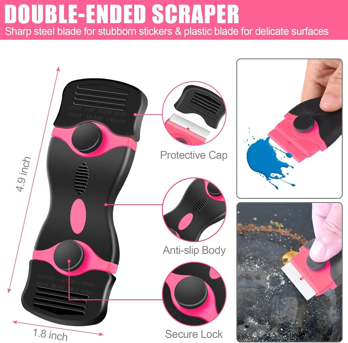 A black double-ended scraper with pink accents showing its components like the protective cap and secure lock.