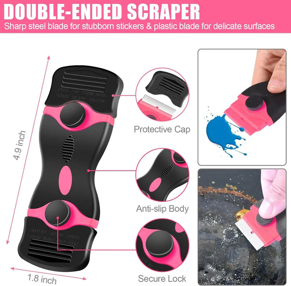 A black double-ended scraper with pink accents showing its components like the protective cap and secure lock.