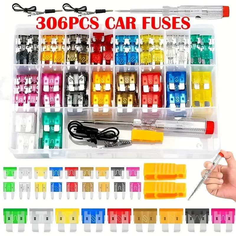 A clear plastic container filled with 306 pieces of various colored car fuses for automotive use.