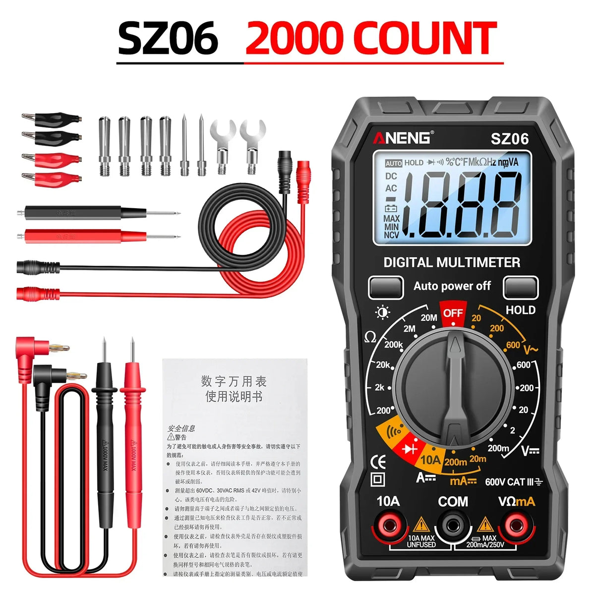 AnENG SZ06 digital multimeter with a black casing and red accents, showing the display and various test leads.