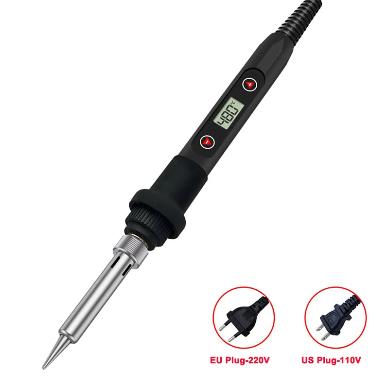 Kit de fer à souder électrique noir de précision avec pointe métallique et adaptateurs d'alimentation EU et US.