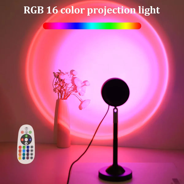 An RGB 16 color projection light is shown with a remote control and a light beam illuminating a room.