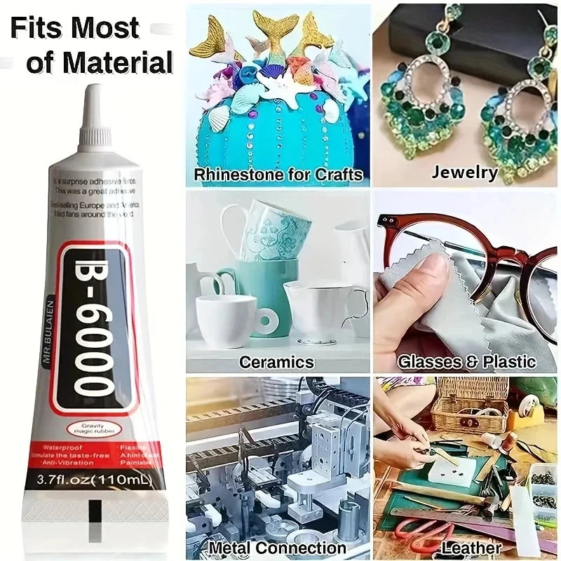 A bottle of B-6000 professional strength adhesive for crafts, next to various materials like jewelry and ceramics.