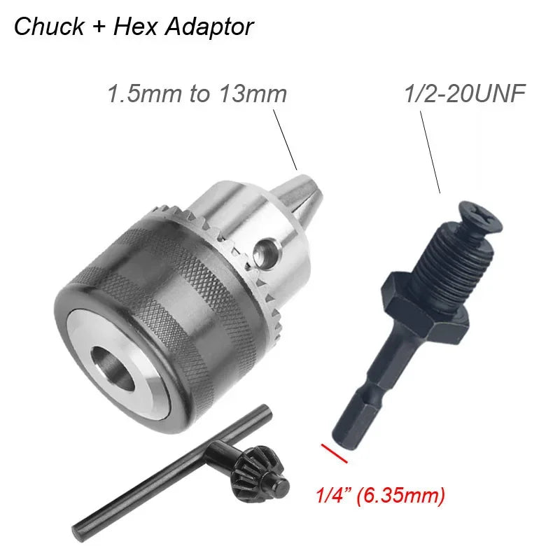 A set of Chuck plus Hex Adapters including a 1.5mm to 13mm adapter and a 1/2-20 UNF adapter.