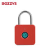 A red smart fingerprint padlock with a silver shackle and a circular fingerprint scanner.
