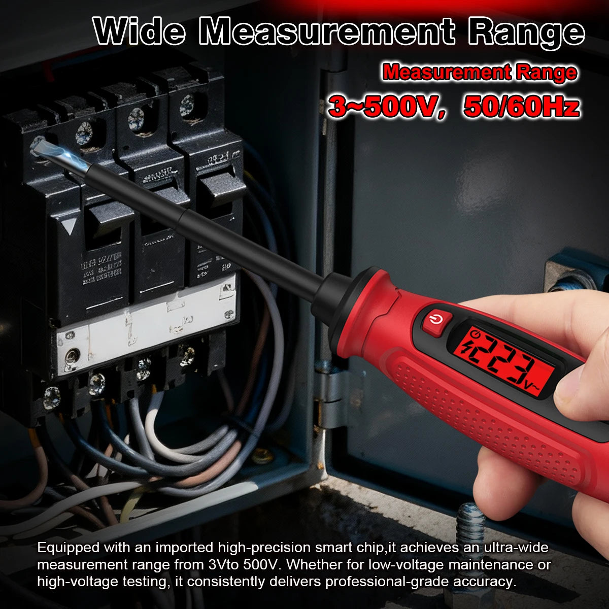 A hand holds a red digital AC voltage tester with a screwdriver tip, demonstrating its wide measurement range capability.
