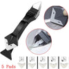 A black silicone caulking and sealing tool kit with five pads shown in various angles.