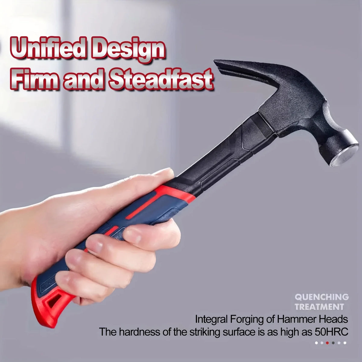 A hand holds a black claw hammer demonstrating its unified design and strong forging.