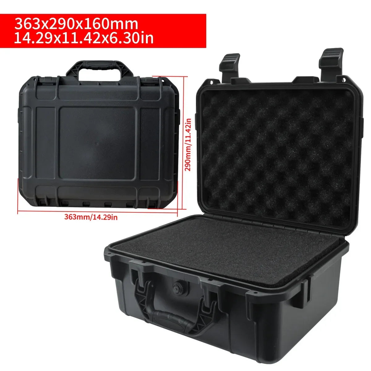 Une boîte à outils portable noire avec insert de protection, vue en position fermée et ouverte.