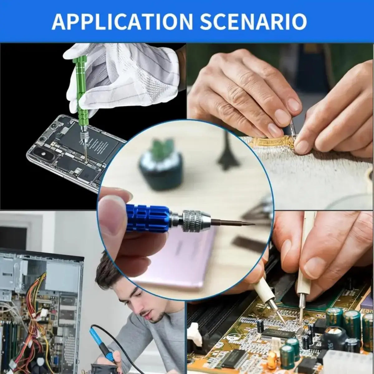 Scénario d'application montrant des mains utilisant un kit de tournevis pour réparer des composants électroniques et un petit